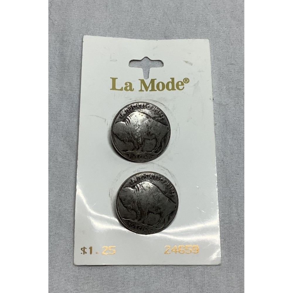 Lot of (2) Antique Silver Historic Buffalo Nickel Coin Buttons Five Cent Italy